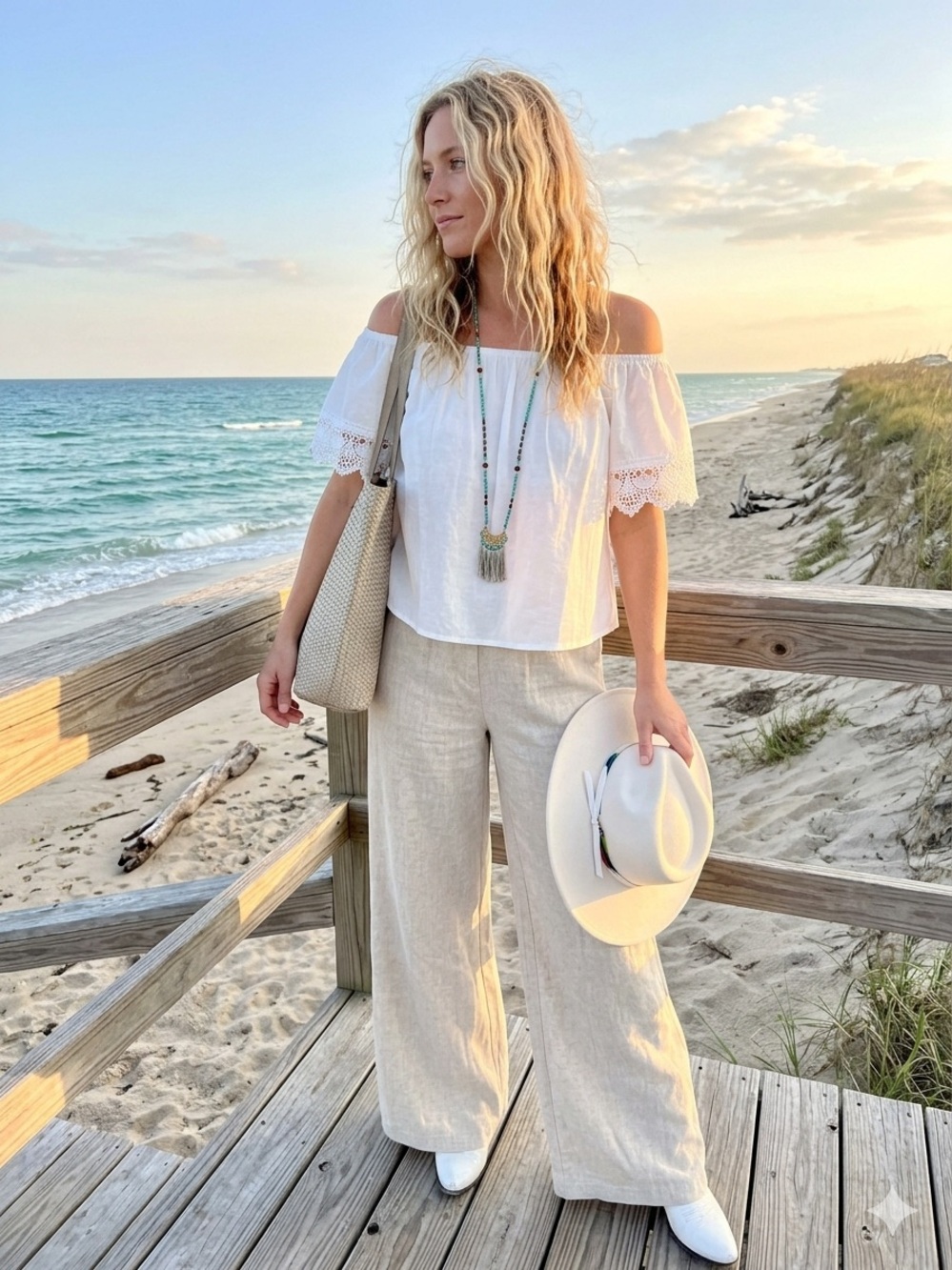 Off-Shoulder Cotton Lace Trim Top - White